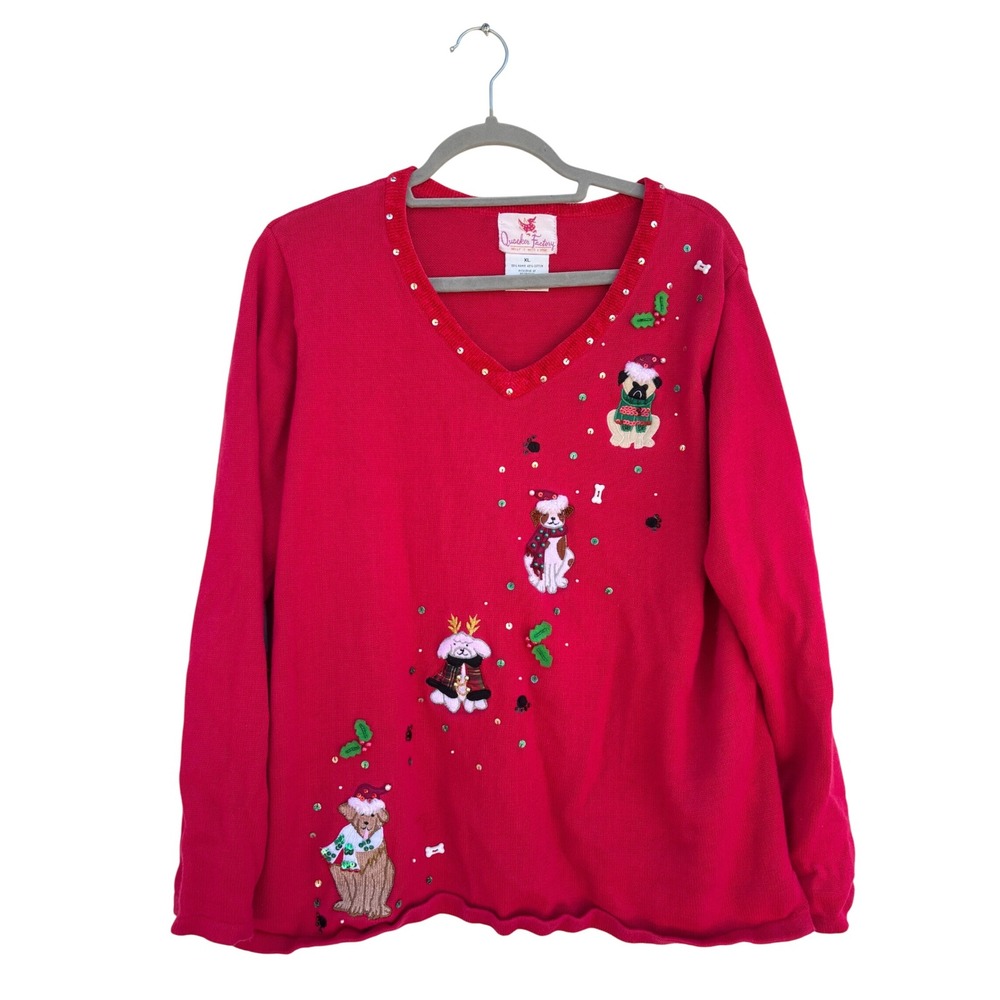 Vintage Quacker Factory Christmas Dog Embellished Sweater, Sequin, Beaded, Sz L